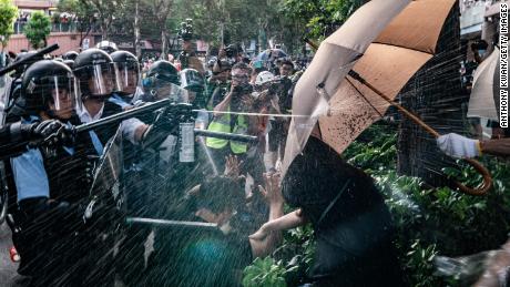 Demonstrators were marching in Sheung Shui when police pepper sprayed them.