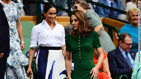 LONDON, ENGLAND - JULY 13: Catherine, Duchess of Cambridge and Meghan, Duchess of Sussex attend the Royal Box during Day twelve of The Championships - Wimbledon 2019 at All England Lawn Tennis and Croquet Club on July 13, 2019 in London, England. (Photo by Shaun Botterill/Getty Images)