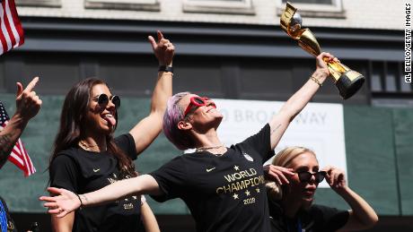 Alex Morgan, Megan Rapinoe, and Allie Long celebrate during the U.S. Women&#39;s National Soccer Team Victory Parade and City Hall Ceremony on July 10, 2019 in New York City.