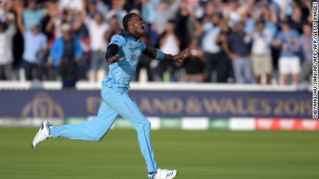 England&#39;s Jofra Archer celebrates after victory in the 2019 Cricket World Cup final 