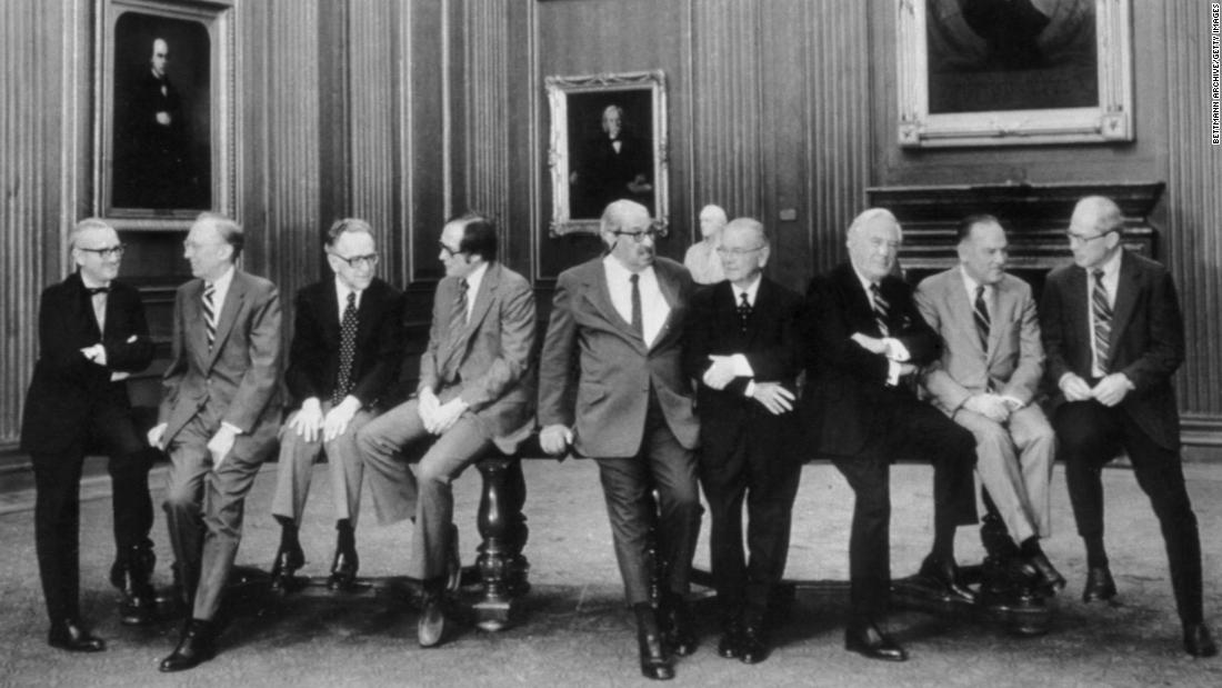 The US Supreme Court poses in 1977 for what is believed to be the first casual portrait of the entire court. Left to right: Associate Justices Stevens, Lewis Powell, Henry Blackburn, William Rehnquist, Thurgood Marshall and William Brennan; Chief Justice Warren Burger; and Associate Justices Potter Stewart and Byron White. 