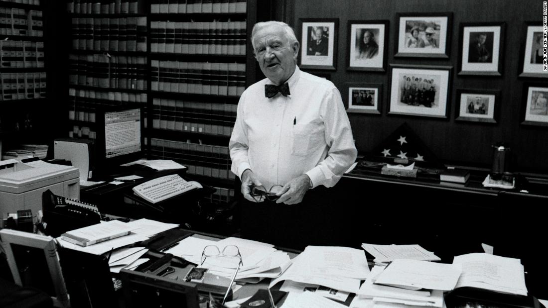 Stevens poses for a portrait in his chambers at the Supreme Court on June 17, 2002.