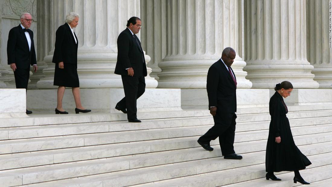 Stevens joins fellow justices on the steps of the Supreme Court on September 6, 2005, during ceremonies honoring Chief Justice William Rehnquist after his death. From left are Stevens, Sandra Day O&#39;Connor, Antonin Scalia, Clarence Thomas and Ruth Bader Ginsburg. 