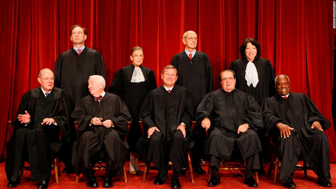 With the addition of Justice Sonia Sotomayor, top row at right, the high court sits for a new group photograph on September 29, 2009. Front row, from left are Anthony M. Kennedy, Stevens, Chief Justice John G. Roberts, Antonin Scalia and Clarence Thomas. Back row, from left are Samuel Alito Jr., Ruth Bader Ginsburg, Stephen Breyer and Sonia Sotomayor.