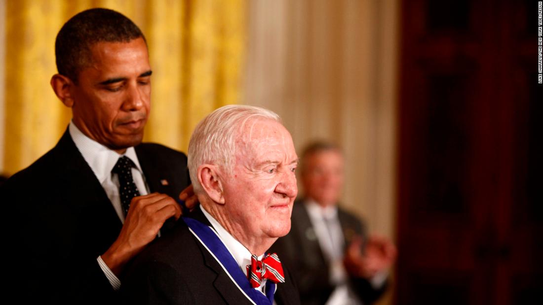 President Barack Obama awards the Presidential Medal of Freedom to Stevens during a ceremony in the East Room of the White House on May 29, 2012. The award is the nation&#39;s highest civilian honor.