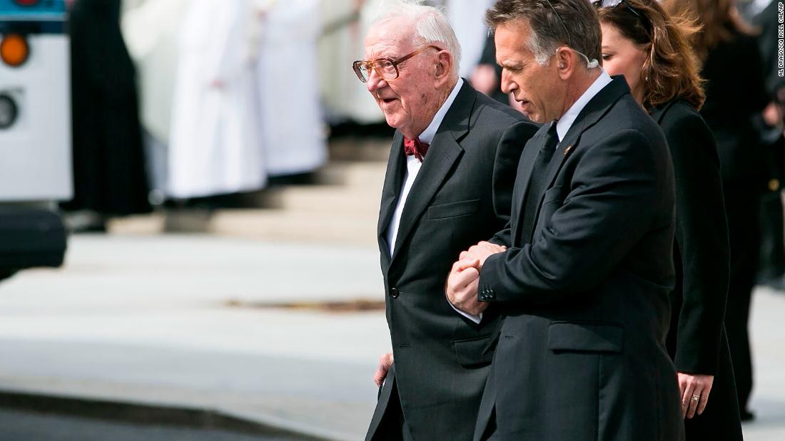 Stevens departs from the funeral for fellow Justice Antonin Scalia at the Basilica of the National Shrine of the Immaculate Conception in Washington on February 20, 2016.