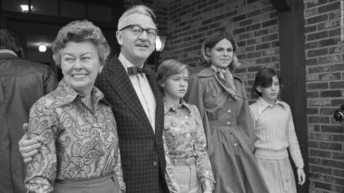 Stevens introduces members of his family in 1975 outside their home in Burr Ridge, Illinois. From left are wife, Elizabeth Stevens, Judge Stevens, and their daughters, Elizabeth Stevens, 14; Kathryn Stevens Jedlicka, 25; and Susan Stevens, 12. Stevens also has a son John, 26, living in Arizona.
