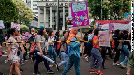 Protesters at the Women&#39;s March on Jakarta in April call on the government to approve draft law on the Elimination of Sexual Violence.
