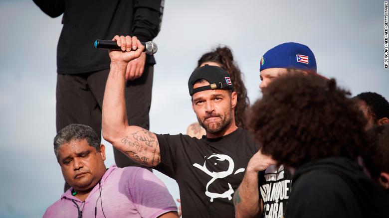 Puerto Rican singer Ricky Martin spoke to a crowd of fellow protesters Wednesday demanding Gov. Ricardo Rossello to resign.