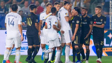 Things got heated with Los Angeles Galaxy forward Zlatan Ibrahimovic (9) and Los Angeles FC midfielder Lee Nguyen (24) back on August 24, 2018.