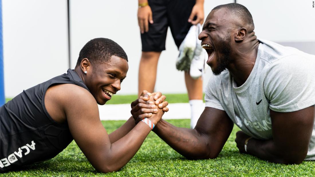A number of British NFL stars were in attendance to inspire the young hopefuls, including Carolina Panthers&#39; defensive end Efe Obada (right).
