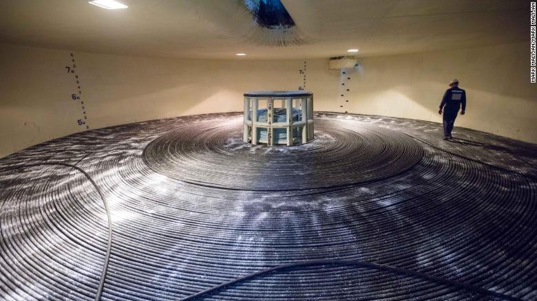 Part of the 6,600 kilometer (4,000 mile) Marea cable, funded by Microsoft and Facebook, aboard a cable-laying ship.