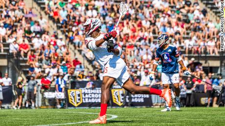 Premier Lacrosse League player Myles Jones takes a shot on goal. Jones plays for the Chaos, one of six PLL teams. 
