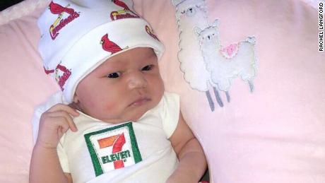 J&#39;Aime Brown wears a 7-Eleven onsie to celebrate her viral birth story.