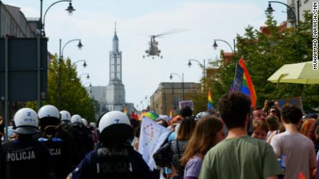 The police kept a protective ring around pride marchers throughout the three-hour march.