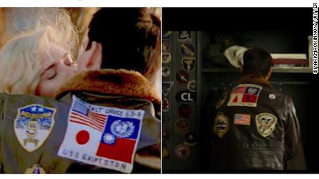 In the trailer of &quot;Top Gun: Maverick,&quot; two jacket patches that had originally shown the Japanese and Taiwanese flags (left) appeared to have been swapped out and replaced with two ambiguous symbols in the same color scheme.