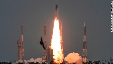 The Indian Space Research Organisation&#39;s (ISRO) Chandrayaan-2 (Moon CHariot 2), with on board the Geosynchronous Satellite Launch Vehicle (GSLV-mark III-M1), launches at the Satish Dhawan Space Centre in Sriharikota, an island off the coast of southern Andhra Pradesh state, on July 22, 2019. - India launched a bid to become a leading space power on July 22, sending up a rocket to put a craft on the surface of the Moon in what it called a &quot;historic day&quot; for the nation. (Photo by ARUN SANKAR / AFP)        (Photo credit should read ARUN SANKAR/AFP/Getty Images)