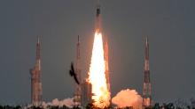 The Indian Space Research Organisation's (ISRO) Chandrayaan-2 (Moon CHariot 2), with on board the Geosynchronous Satellite Launch Vehicle (GSLV-mark III-M1), launches at the Satish Dhawan Space Centre in Sriharikota, an island off the coast of southern Andhra Pradesh state, on July 22, 2019. - India launched a bid to become a leading space power on July 22, sending up a rocket to put a craft on the surface of the Moon in what it called a "historic day" for the nation. (Photo by ARUN SANKAR / AFP)        (Photo credit should read ARUN SANKAR/AFP/Getty Images)