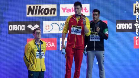 Silver medallist Australia&#39;s Mack Horton refuses to stand on the podium with gold medalist China&#39;s Sun Yang and bronze medalist Italy&#39;s Gabriele Detti after the final of the men&#39;s 400m freestyle event on July 21, 2019. 