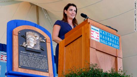 Brandy Halladay speaks on behalf of her late husband, Roy Halladay, during the Baseball Hall of Fame induction ceremony at Clark Sports Center on Sunday in Cooperstown, New York.