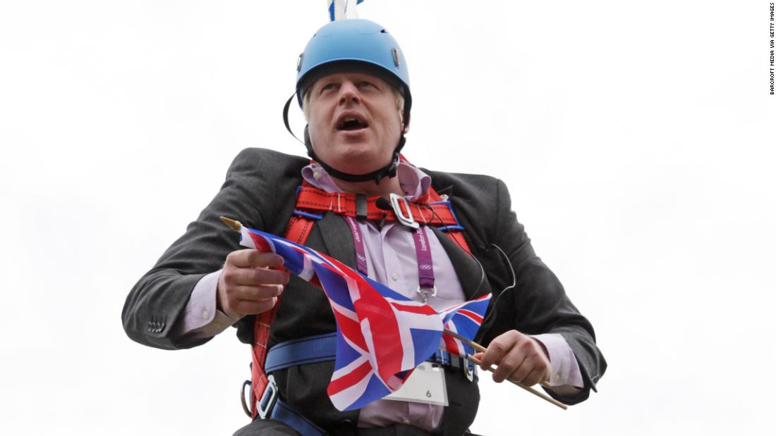 Johnson gets stuck on a zip line during an event in London&#39;s Victoria Park in August 2012.