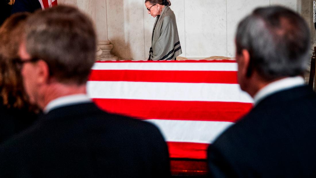 Ginsburg leaves a private ceremony at the Great Hall of the Supreme Court, where former Justice John Paul Stevens was lying in repose in July 2019.