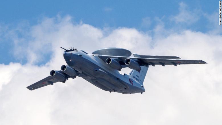A Beriev A-50 airborne early warning and control training aircraft flies over Moscow during the dress rehearsal of a Victory Day air show.