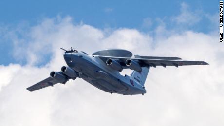 A Beriev A-50 airborne early warning and control training aircraft flies over Moscow during the dress rehearsal of a Victory Day air show.