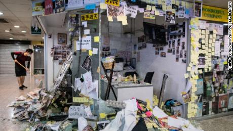 The office of pro-Beijing government lawmaker Junius Ho is seen after protesters trashed the premises in Hong Kong&#39;s Tsuen Wan district on July 22, 2019.