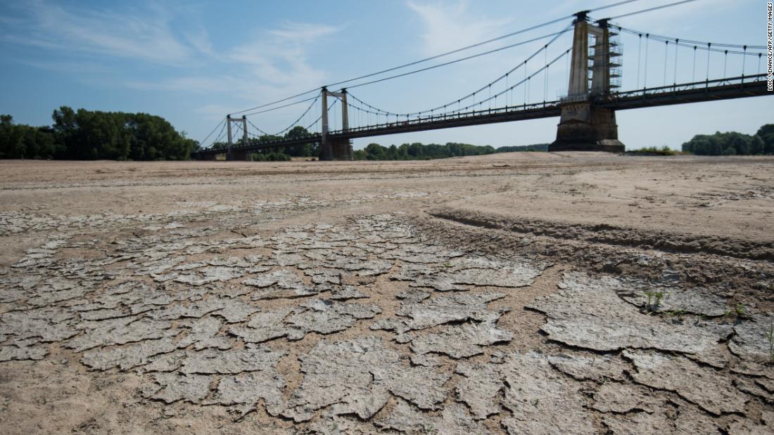 A dry part of the Loire's river bed is seen in Montjean-sur-Loire, France, on Wednesday, July 24.