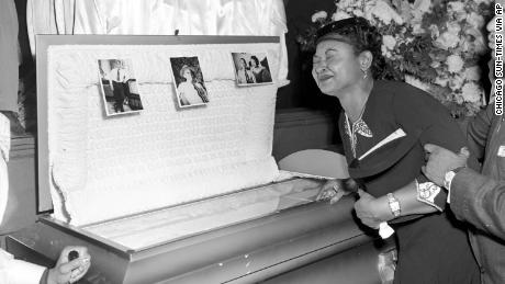 Mamie Till Mobley weeps at the funeral of her son, Emmett Till, on September 6, 1955, in Chicago. Two men were acquitted by an all-white jury of killing him.