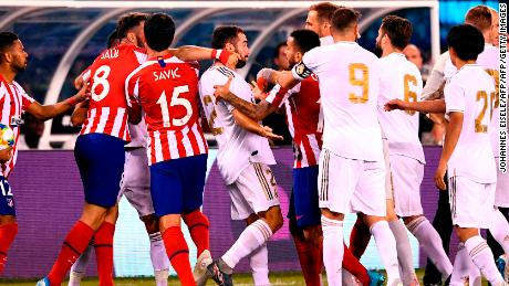 Real Madrid&#39;s Dani Carvajal brawls with players from Atletico during the 2019 International Champions Cup clash.