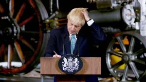 MANCHESTER, ENGLAND - JULY 27: Britain's Prime Minister Boris Johnson during a speech on domestic priorities at the Science and Industry Museumon July 27, 2019 in Manchester, England. The PM announced that the government will back a new rail route between Manchester and Leeds. (Photo by Lorne Campbell - WPA Pool/Getty Images)