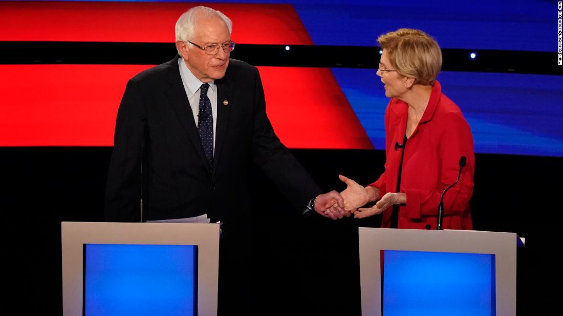 US Sen. Bernie Sanders grabs Warren&#39;s hand during the CNN Democratic debates in July 2019. Sanders and Warren, two of the most progressive candidates in the field, &lt;a href=&quot;https://www.cnn.com/politics/live-news/democratic-debate-july-30-2019/h_6e598d5b144410ff3f54b670decd9034&quot; target=&quot;_blank&quot;&gt;were targeted early in their debate&lt;/a&gt; by their more moderate counterparts.