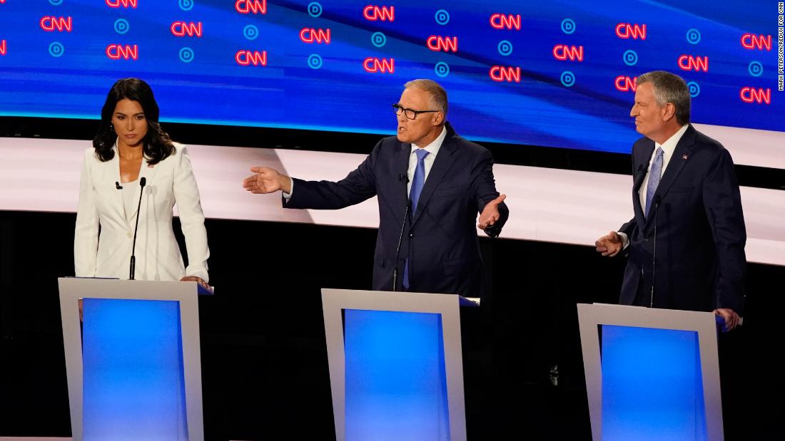 Inslee participates in the CNN Democratic debates in July 2019. &quot;The time is up,&quot; he said, referring to climate change. &lt;a href=&quot;https://www.cnn.com/politics/live-news/democratic-debate-july-31-2019/h_b53ac5038556ee8fa3e5f7388e965e02&quot; target=&quot;_blank&quot;&gt;&quot;Our house is on fire.&quot; &lt;/a&gt;