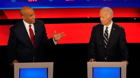 Presidential candidates Cory Booker and Joe Biden participate in the CNN Democratic debate in Detroit on Wednesday, July 31.