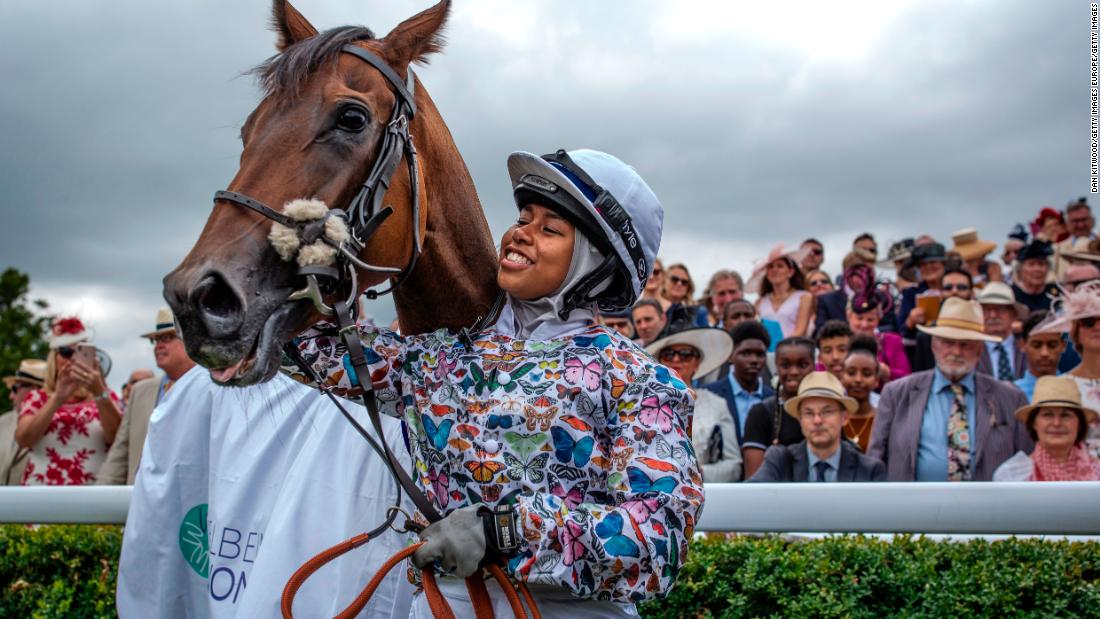 This year, 18-year-old Khadijah Mellah became the first jockey wearing a hijab to race in Britain. She won the Magnolia Cup charity race, having only sat on a racehorse for the first time in April.