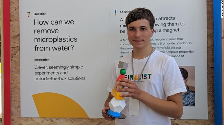 Fionn Ferreira presents his project to combat the ocean&#39;s plastic pollution problem at the Google Science Fair. 
