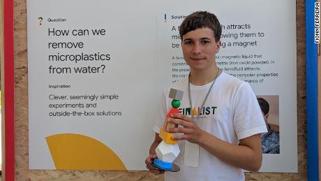 Fionn Ferreira presents his project to combat the ocean's plastic pollution problem at the Google Science Fair. 