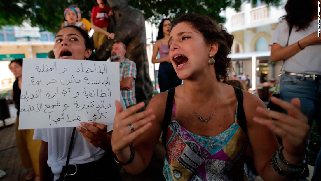 Demonstrators gather in support of Mashrou' Leila at Samir Kassir Square in downtown Beirut on July 29, 2019. 