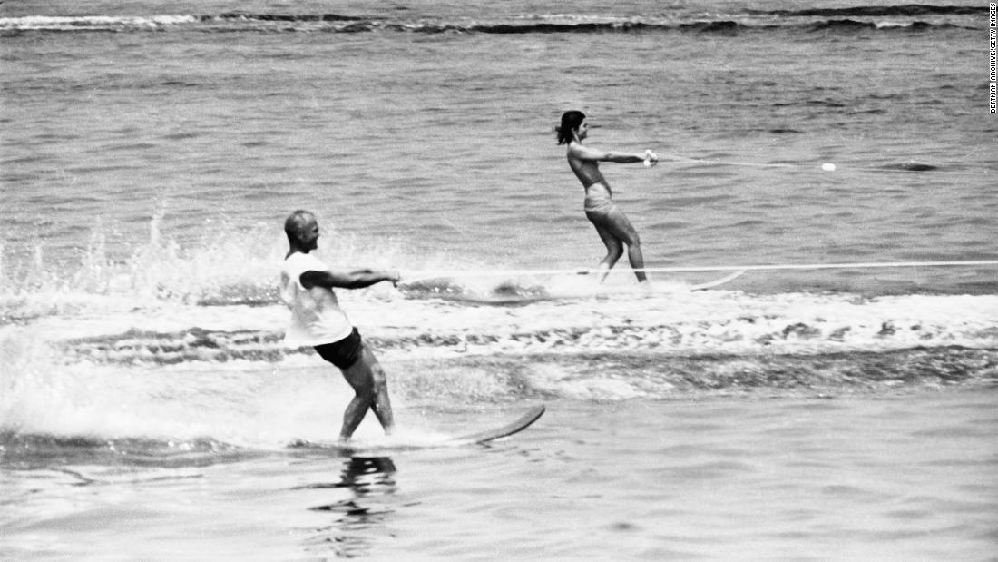 First lady Jackie Kennedy and astronaut John Glenn do a little water skiing in Nantucket Sound in 1962.