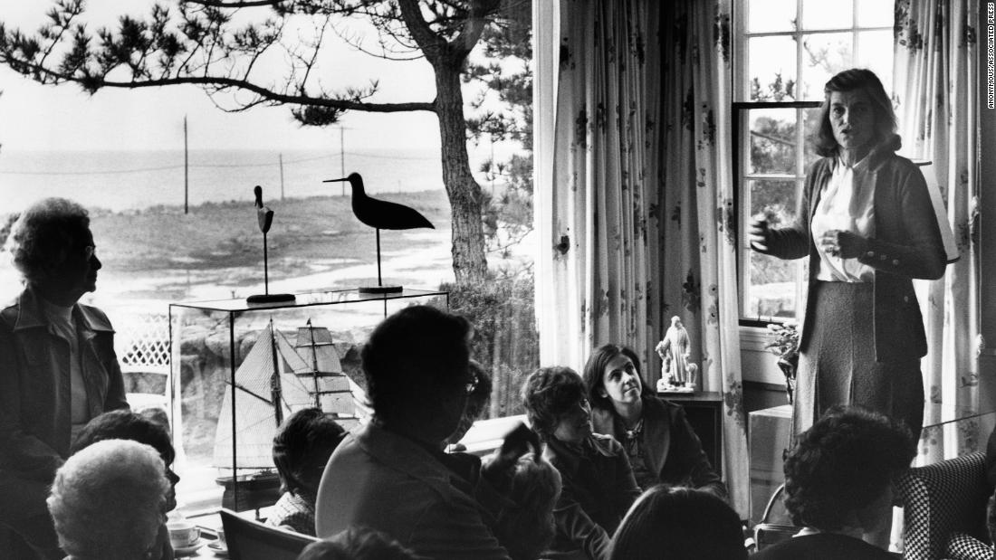 Eunice Kennedy Shriver addresses a group of women on behalf of her husband, Democratic presidential contender R. Sargent Shriver, in 1976.