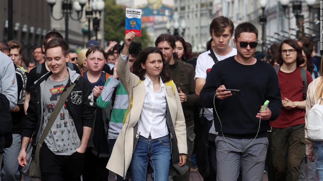 Protesters take to the streets in central Moscow Saturday.