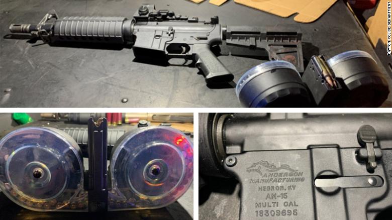 Dayton police released photos of the AR-15-style rifle and 100-round drum magazines Connor Betts used in the attack.