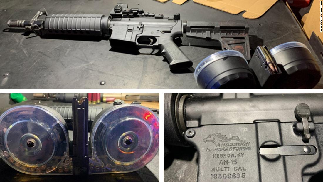 Dayton police released photos of the AR-15-style rifle and 100-round drum magazines Connor Betts used in the attack.