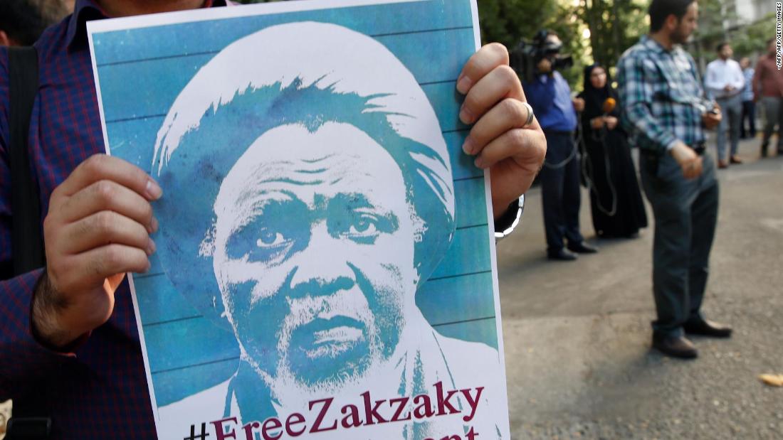 A student holds poster during a protest for the release of Nigerian Shiite leader Ibrahim Zakzaky outside the Nigerian embassy in Tehran on July 17, 2019.