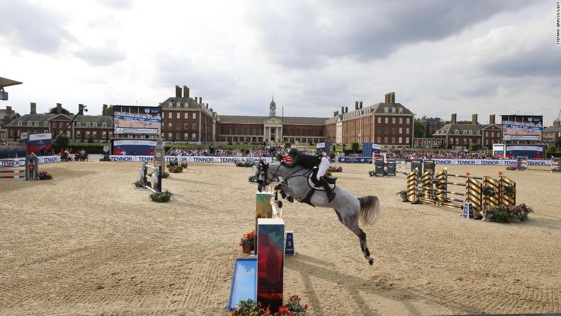 Shane Sweetnam goes airborne on Alejandro at the Royal Hospital Chelsea.