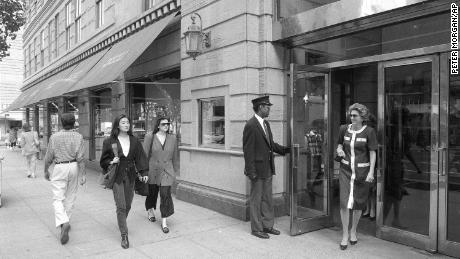 Pedestrians walk past the Barney&#39;s store at 7th Avenue and 17th Street in New York, on May 22, 1989.