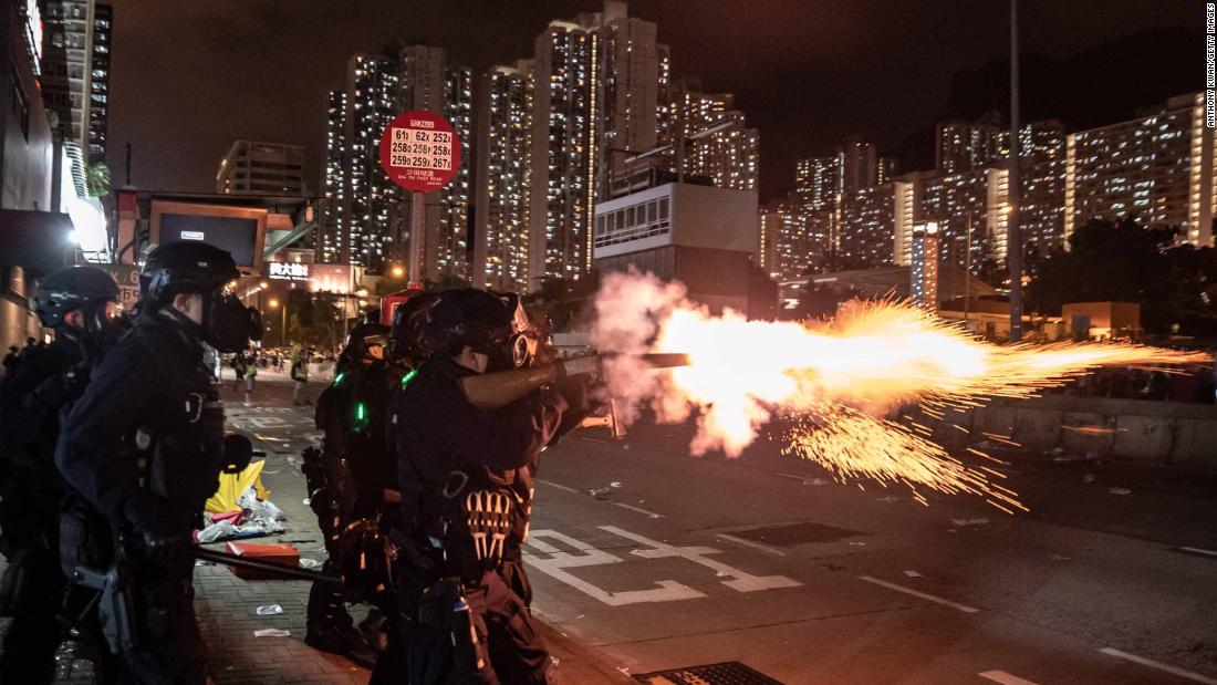 Police fire tear gas at protesters during a demonstration in the Wong Tai Sin District on Monday, August 5.