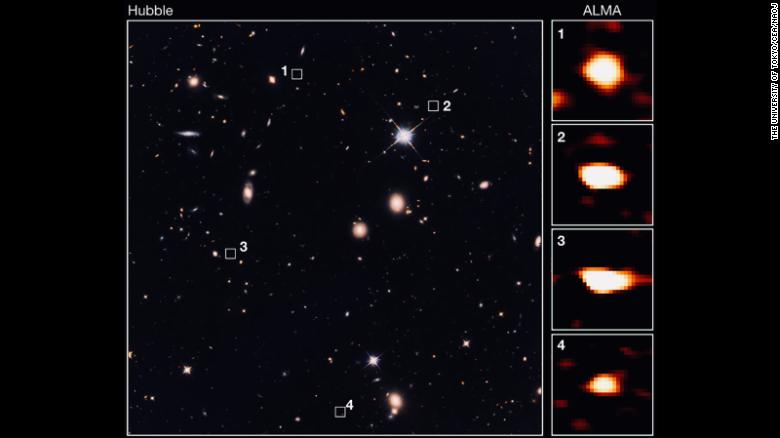 ALMA identified 39 faint galaxies that are not seen with the Hubble Space Telescope's deepest view of the Universe 10 billion light-years away. 